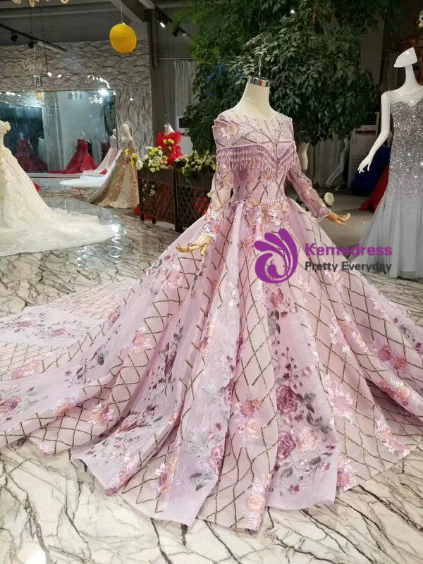 Purple Ball Gown Sequins Long Sleeve Embroidery Appliques Wedding Dress With Beading