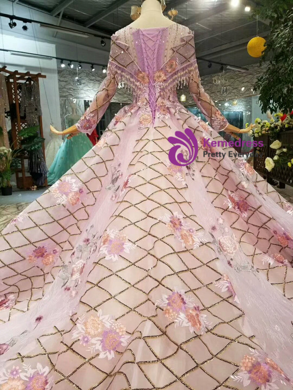 Purple Ball Gown Sequins Long Sleeve Embroidery Appliques Wedding Dress With Beading