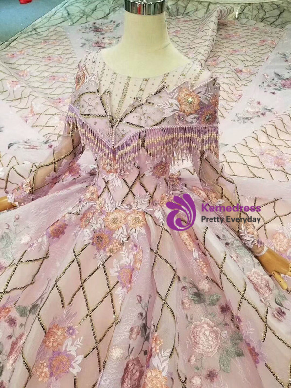 Purple Ball Gown Sequins Long Sleeve Embroidery Appliques Wedding Dress With Beading