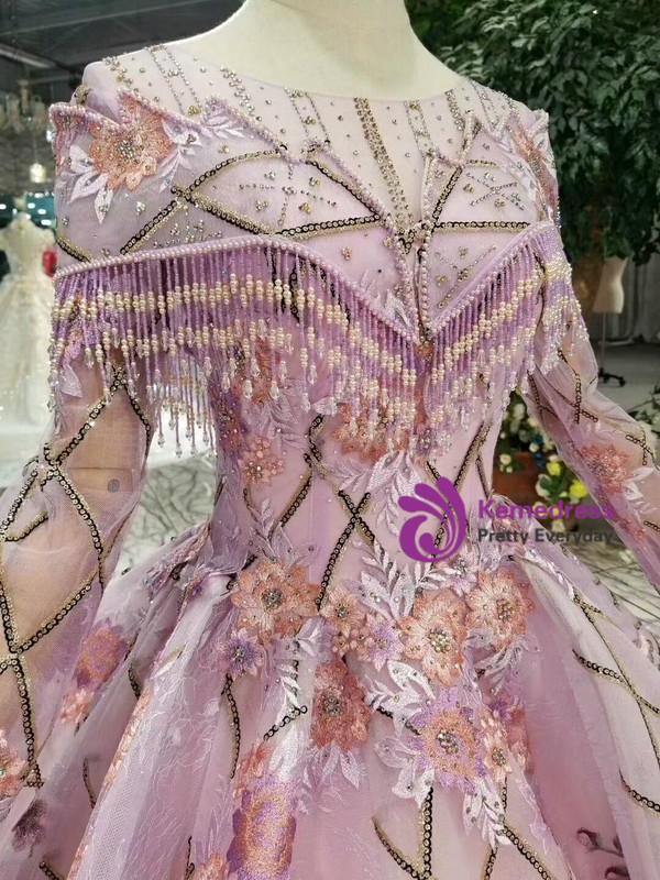 Purple Ball Gown Sequins Long Sleeve Embroidery Appliques Wedding Dress With Beading