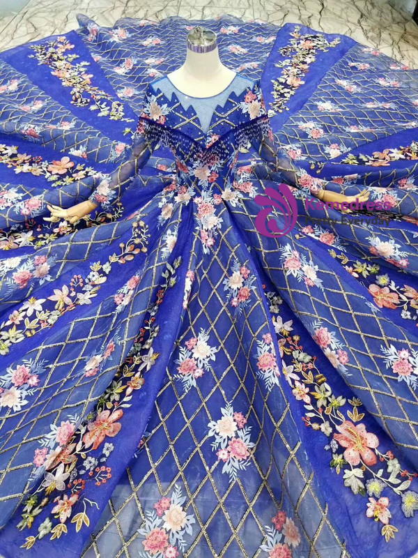 Blue Sequins Long Sleeve Embroidery Appliques Wedding Dress With Beading