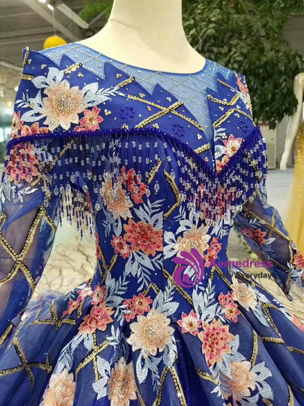 Blue Sequins Long Sleeve Embroidery Appliques Wedding Dress With Beading