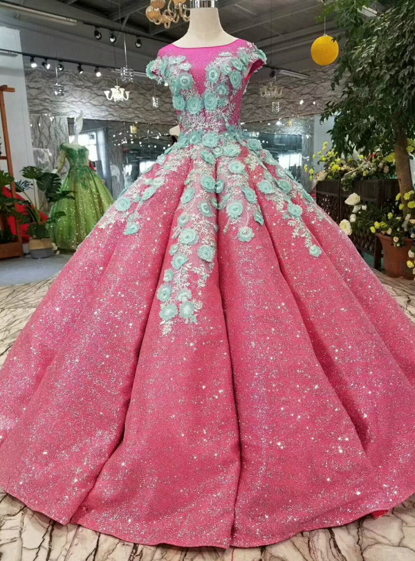 Fuchsia Sequins Ball Gown Green Appliques Cap Sleeve Backless Wedding Dress