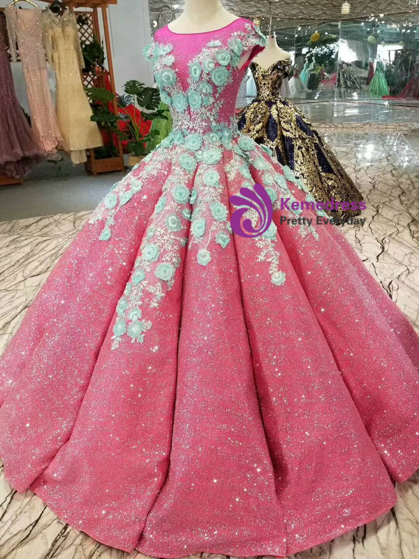 Fuchsia Sequins Ball Gown Green Appliques Cap Sleeve Backless Wedding Dress