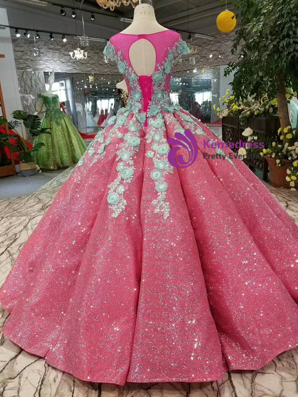 Fuchsia Sequins Ball Gown Green Appliques Cap Sleeve Backless Wedding Dress