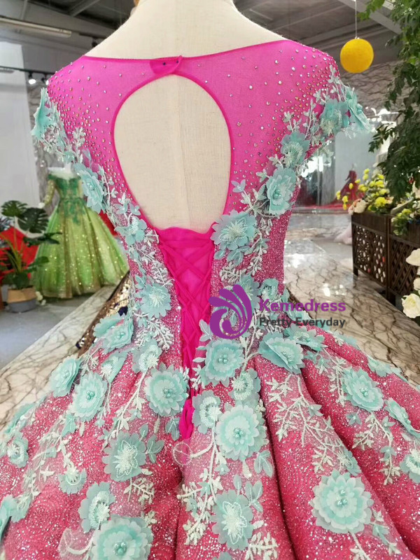 Fuchsia Sequins Ball Gown Green Appliques Cap Sleeve Backless Wedding Dress