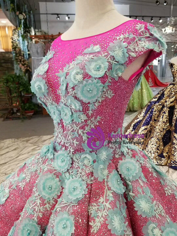 Fuchsia Sequins Ball Gown Green Appliques Cap Sleeve Backless Wedding Dress