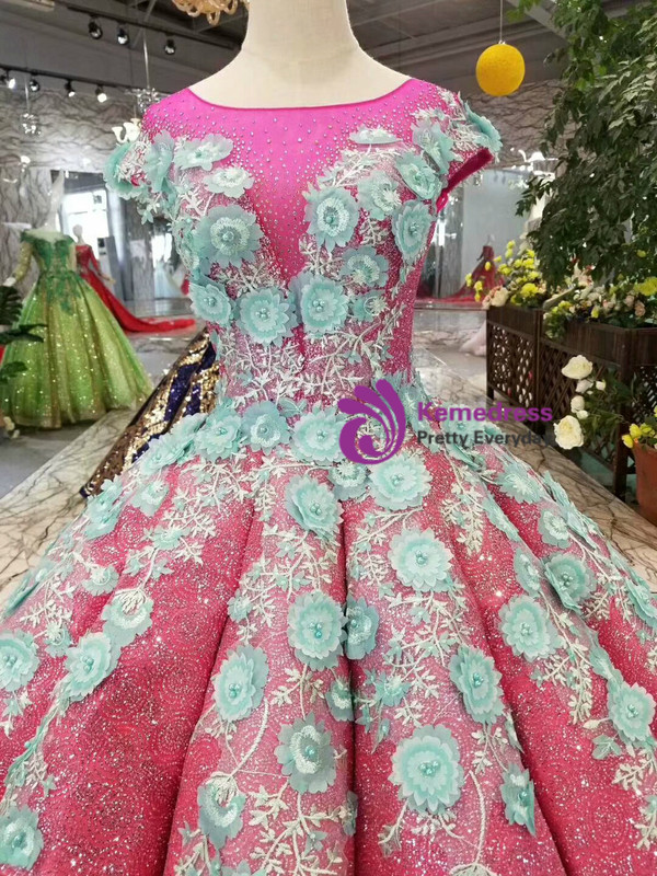 Fuchsia Sequins Ball Gown Green Appliques Cap Sleeve Backless Wedding Dress