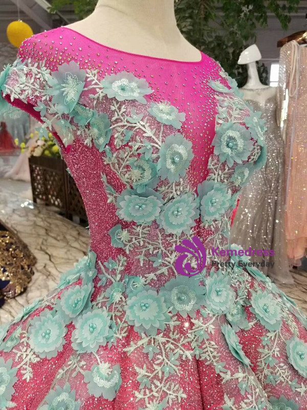 Fuchsia Sequins Ball Gown Green Appliques Cap Sleeve Backless Wedding Dress
