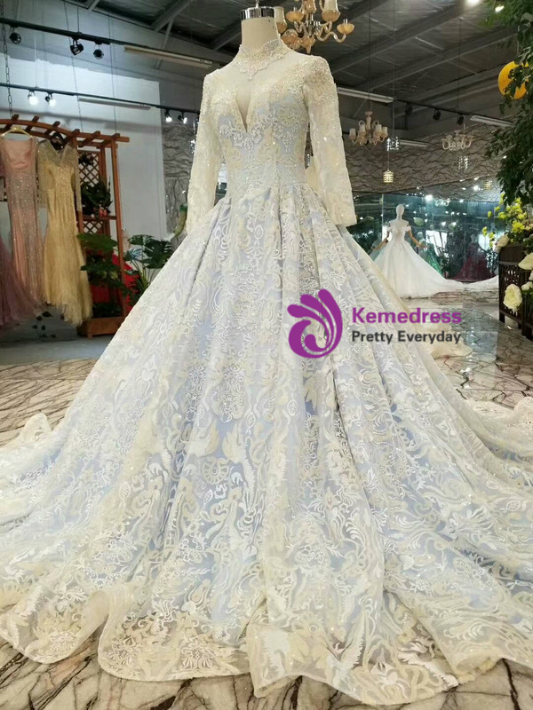 Blue Lace Sequins High Neck Long SLeeve Wedding Dress With Beading