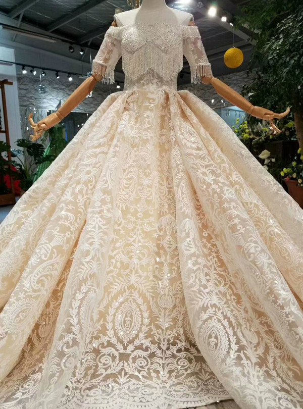 Champagne Lace Sequins Off The Shoulder Wedding Dress With Beading
