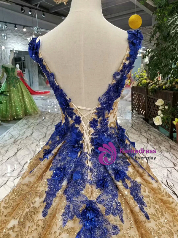 Champagne Gold Sequins V-neck Backless Appliques Wedding Dress With Long Train