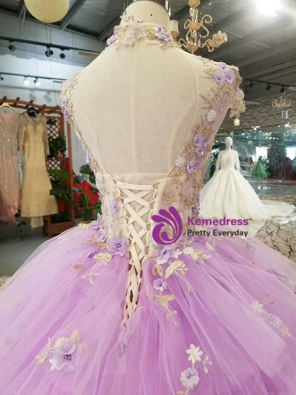 Purple Tulle High Neck Corset Backless Appliqeus Wedding Dress With Long Train