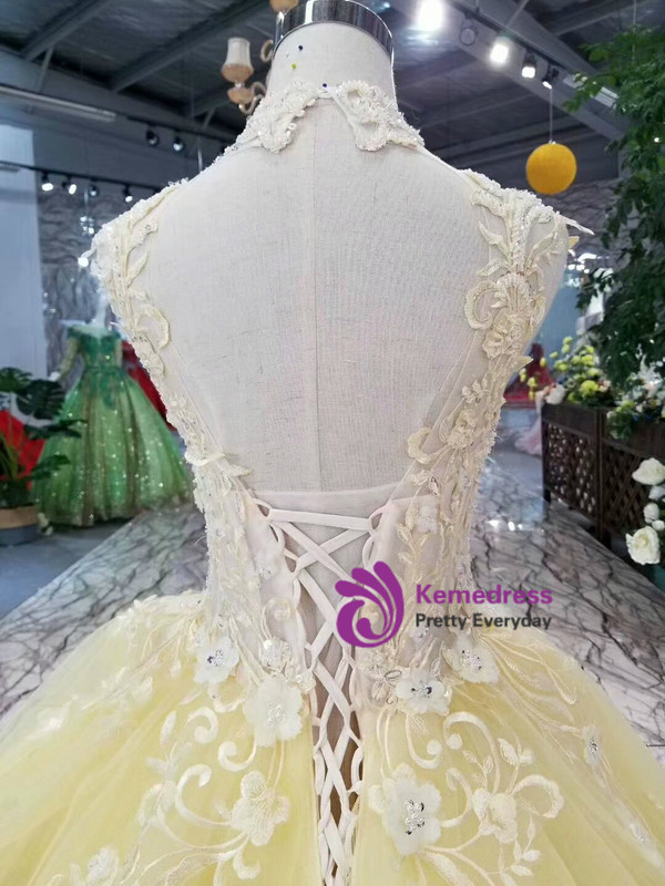 Yellow Tulle High Neck Corset Backless Appliqeus Wedding Dress With Long Train