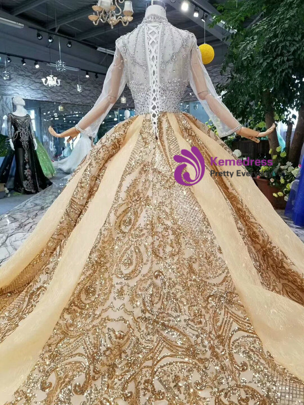 Champgne High Neck Gold Sequins Appliques Long Sleeve Wedding Dress With Crystal