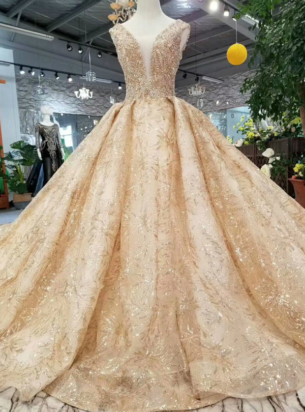 Champagne Ball Gown Deep V-neck Beading Wedding Dress With Long Train