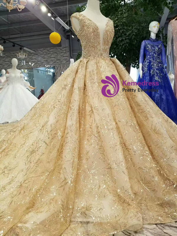 Champagne Ball Gown Deep V-neck Beading Wedding Dress With Long Train