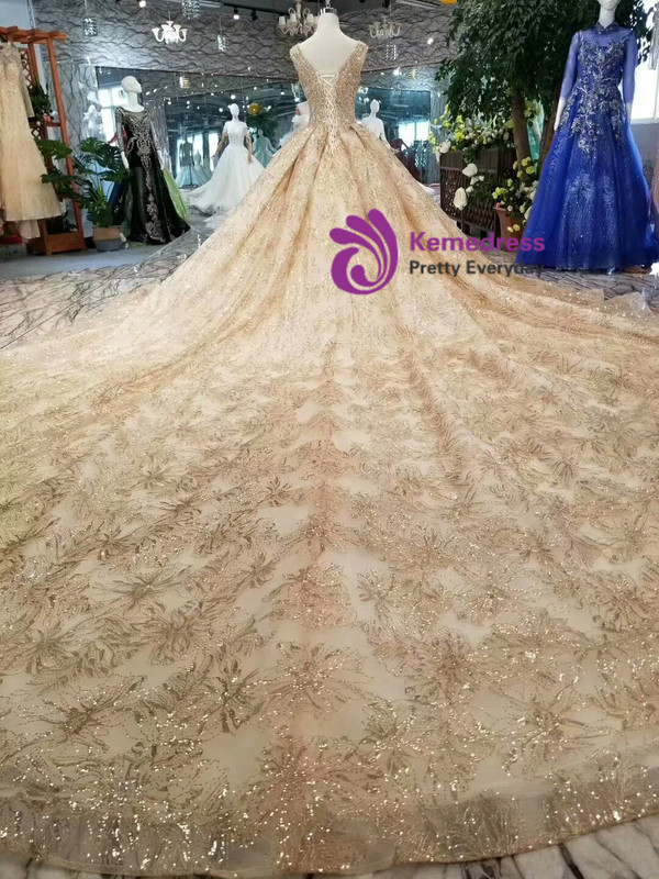 Champagne Ball Gown Deep V-neck Beading Wedding Dress With Long Train