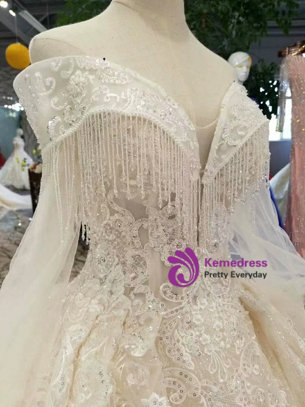 Light Champagne Sequins Appliques Long Sleeve off The Shoulder Wedding Dress With Long Train