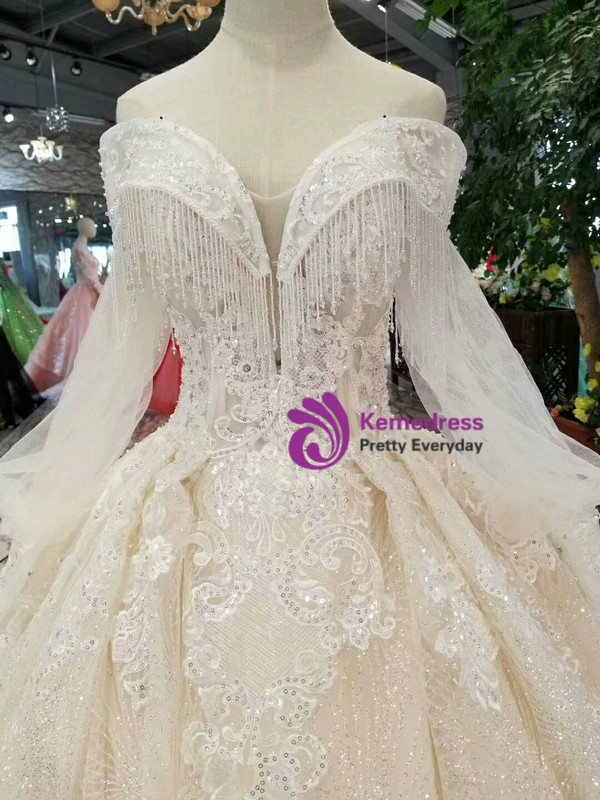 Light Champagne Sequins Appliques Long Sleeve off The Shoulder Wedding Dress With Long Train