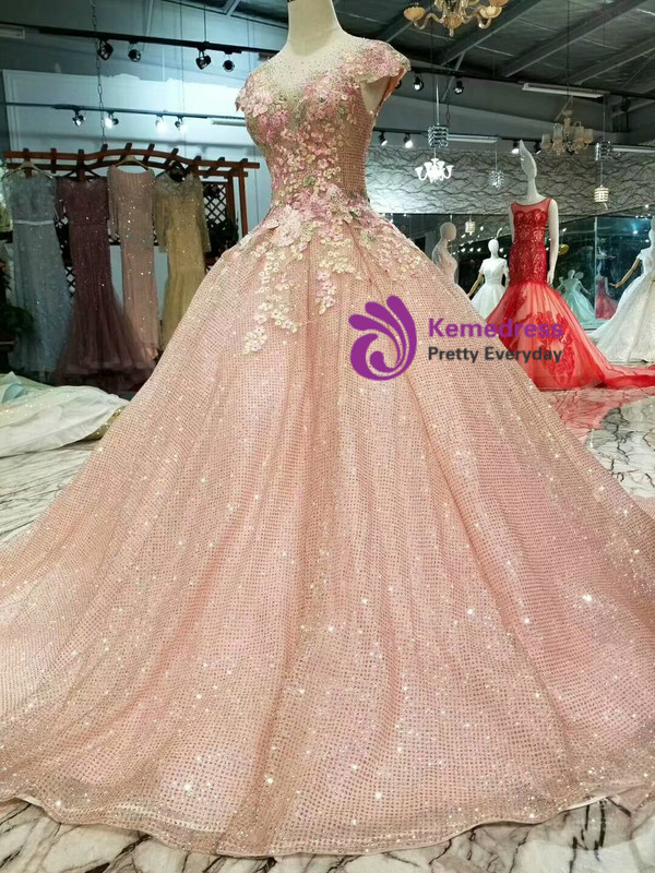 Pink Sequins Ball Gown Cap Sleeve Backless Appliques Wedding Dress