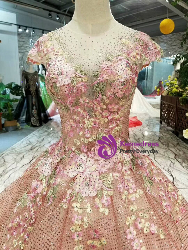 Pink Sequins Ball Gown Cap Sleeve Backless Appliques Wedding Dress