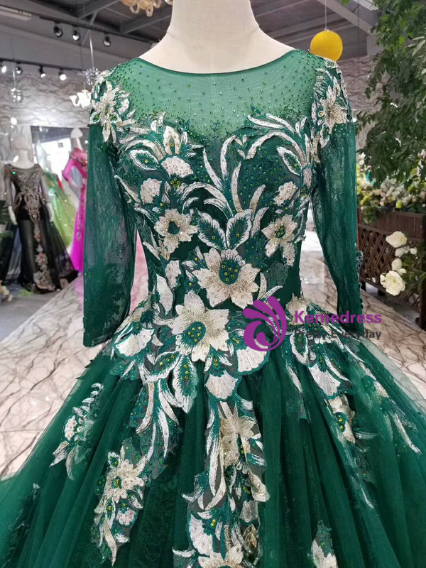 Green Tulle Long Sleeve Appliques Wedding Dress With Little Train