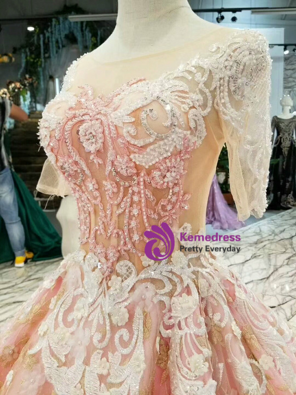 Pink Ball Gown Gold Lace Appliques Short Sleeve Backless Wedding Dress