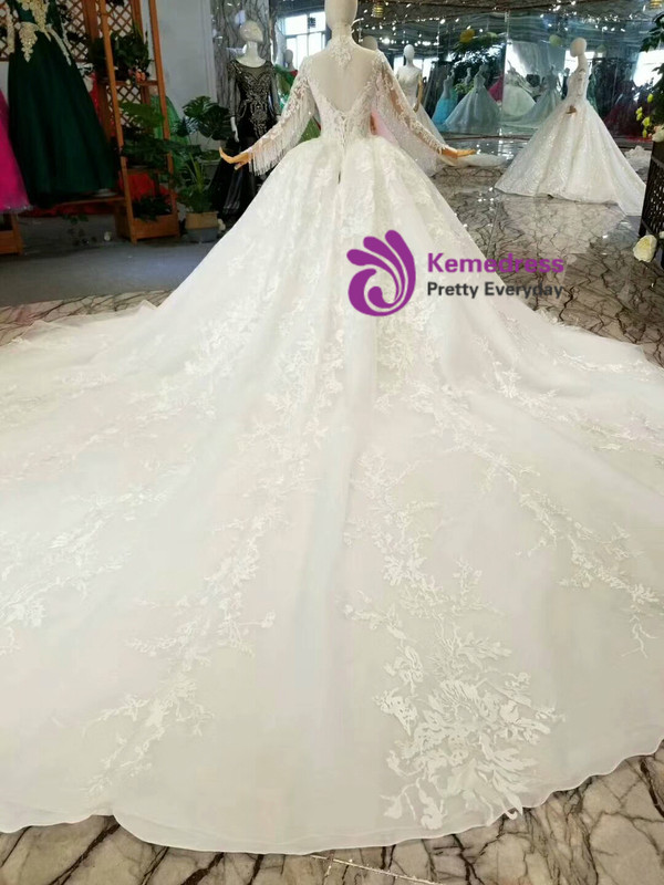 Light Champagne Ball Gown Lace High Neck Long Sleeve Backless Wedding Dress