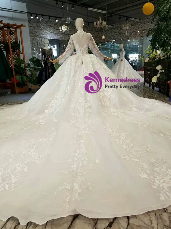 Light Champagne Ball Gown Lace High Neck Long Sleeve Backless Wedding Dress