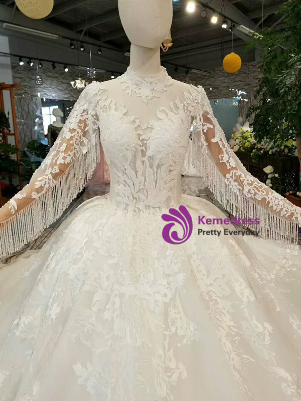 Light Champagne Ball Gown Lace High Neck Long Sleeve Backless Wedding Dress