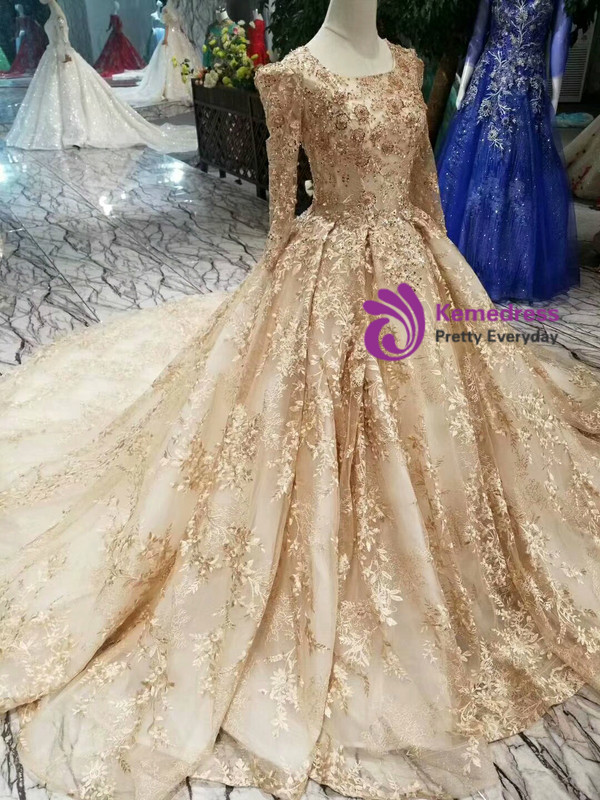 Champagne Gold Lace Ball Gown Long Sleeve Wedding Dress With Long Train