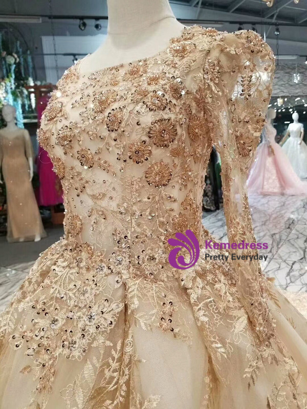 Champagne Gold Lace Ball Gown Long Sleeve Wedding Dress With Long Train
