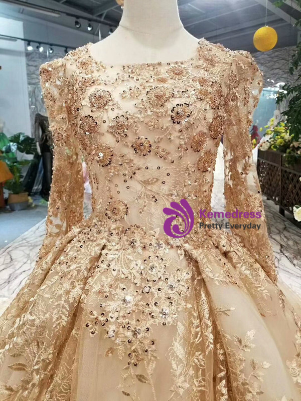 Champagne Gold Lace Ball Gown Long Sleeve Wedding Dress With Long Train