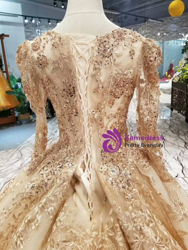 Champagne Gold Lace Ball Gown Long Sleeve Wedding Dress With Long Train