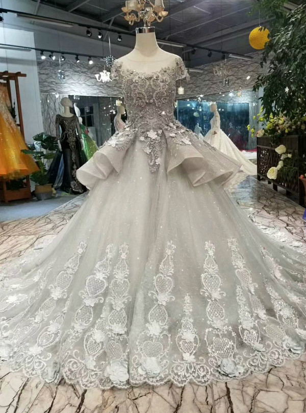 Silver Gray Tulle Lace Appliques Cap Sleeve Wedding Dress With Beading