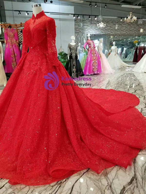 Red Ball Gown Lace High Neck Backless Long Sleeve Wedding Dress With Beading