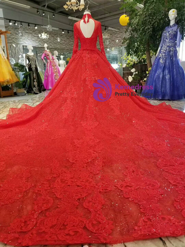 Red Ball Gown Lace High Neck Backless Long Sleeve Wedding Dress With Beading