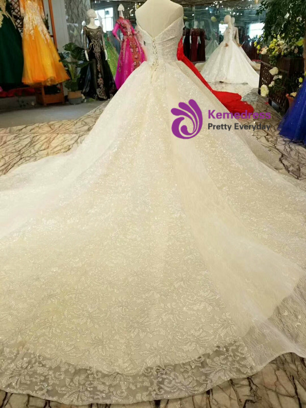 Light Champagne Sequins Tulle Off The Shoulder Wedding Dress With Long Train