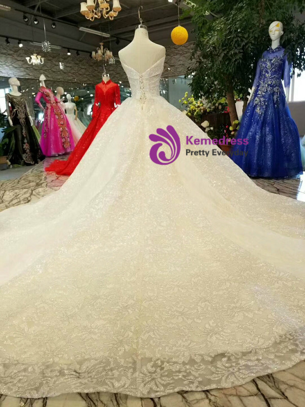 Light Champagne Sequins Tulle Off The Shoulder Wedding Dress With Long Train