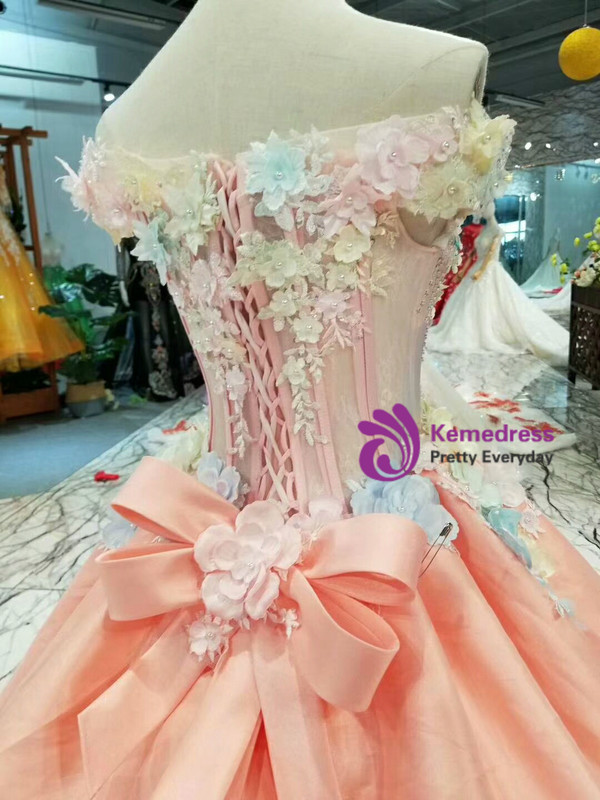 Pink Satin Ball Gown Off The Shoulder Corset Colorful Flower Wedding Dress