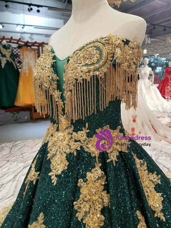 Green Sequins Gold Lace Appliques Off The Shoulder Wedding Dress With Beading