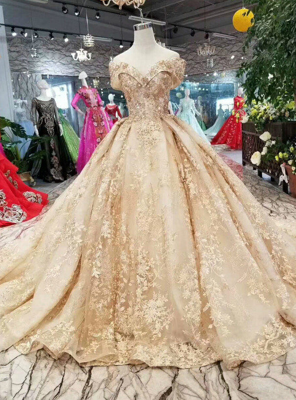 Champagne Gold Tulle Lace Appliques Off The Shoulder Wedding Dress With Beading