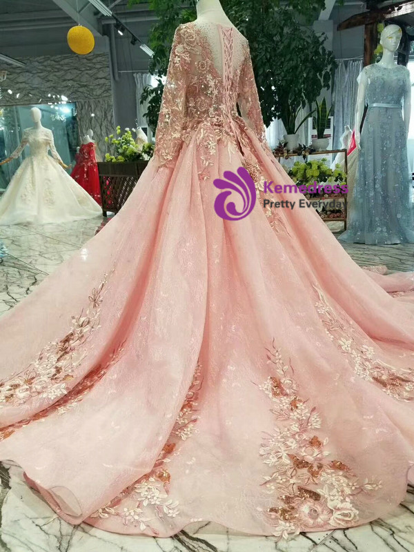 Pink Lace Appliques Sequins Long Sleeve Wedding Dress With Little Train