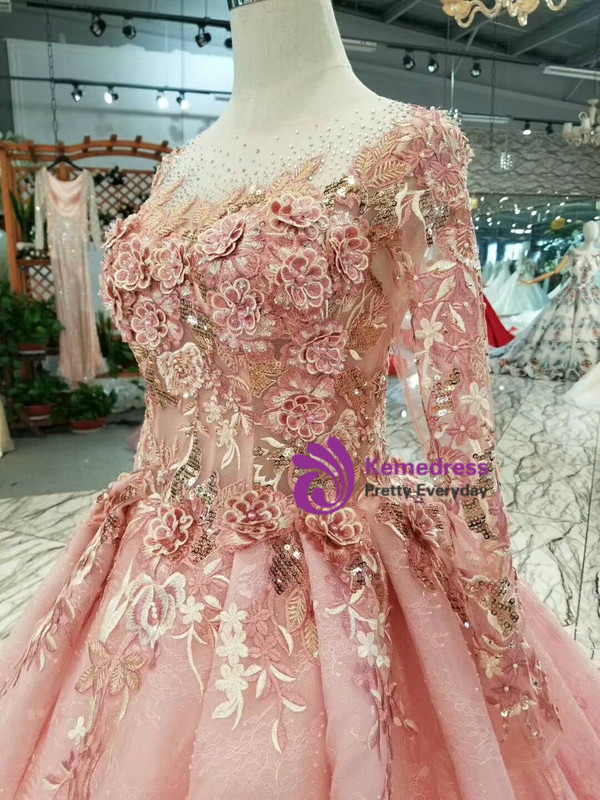 Pink Lace Appliques Sequins Long Sleeve Wedding Dress With Little Train