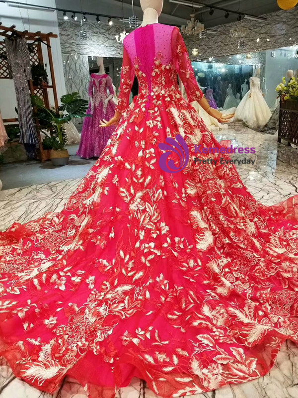 Red Tulle Appliques Long Sleeve Wedding Dress With Train