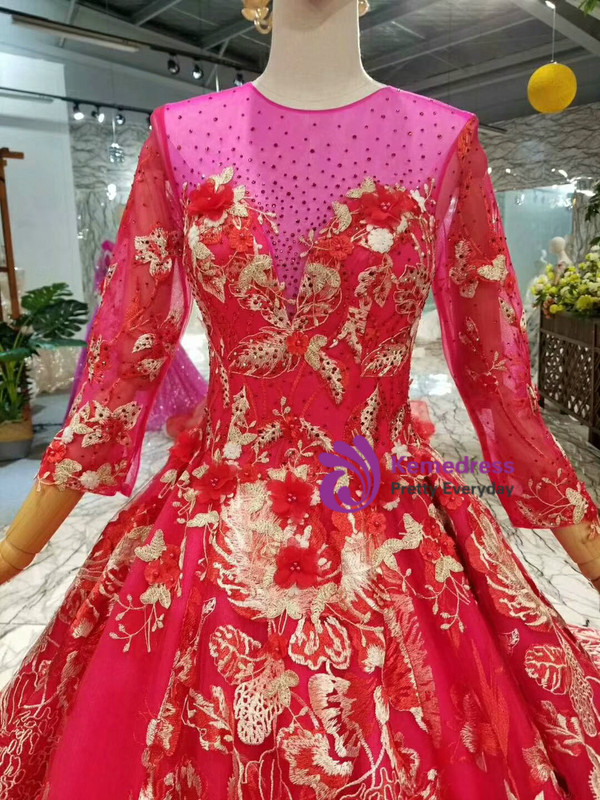 Red Tulle Appliques Long Sleeve Wedding Dress With Train