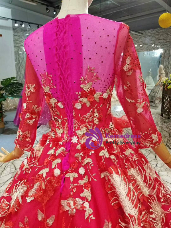 Red Tulle Appliques Long Sleeve Wedding Dress With Train