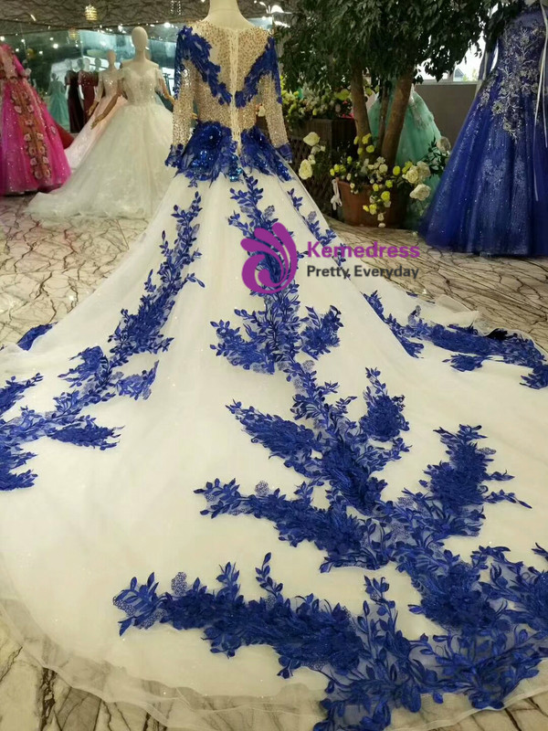 Ball Gown Tulle Blue Lace Appliques Long Sleeve Wedding Dress With Beading