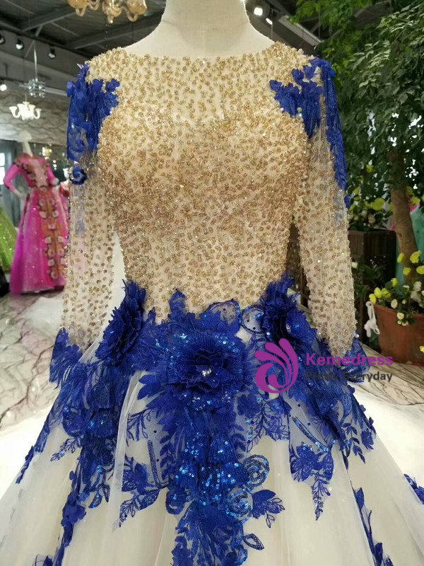 Ball Gown Tulle Blue Lace Appliques Long Sleeve Wedding Dress With Beading